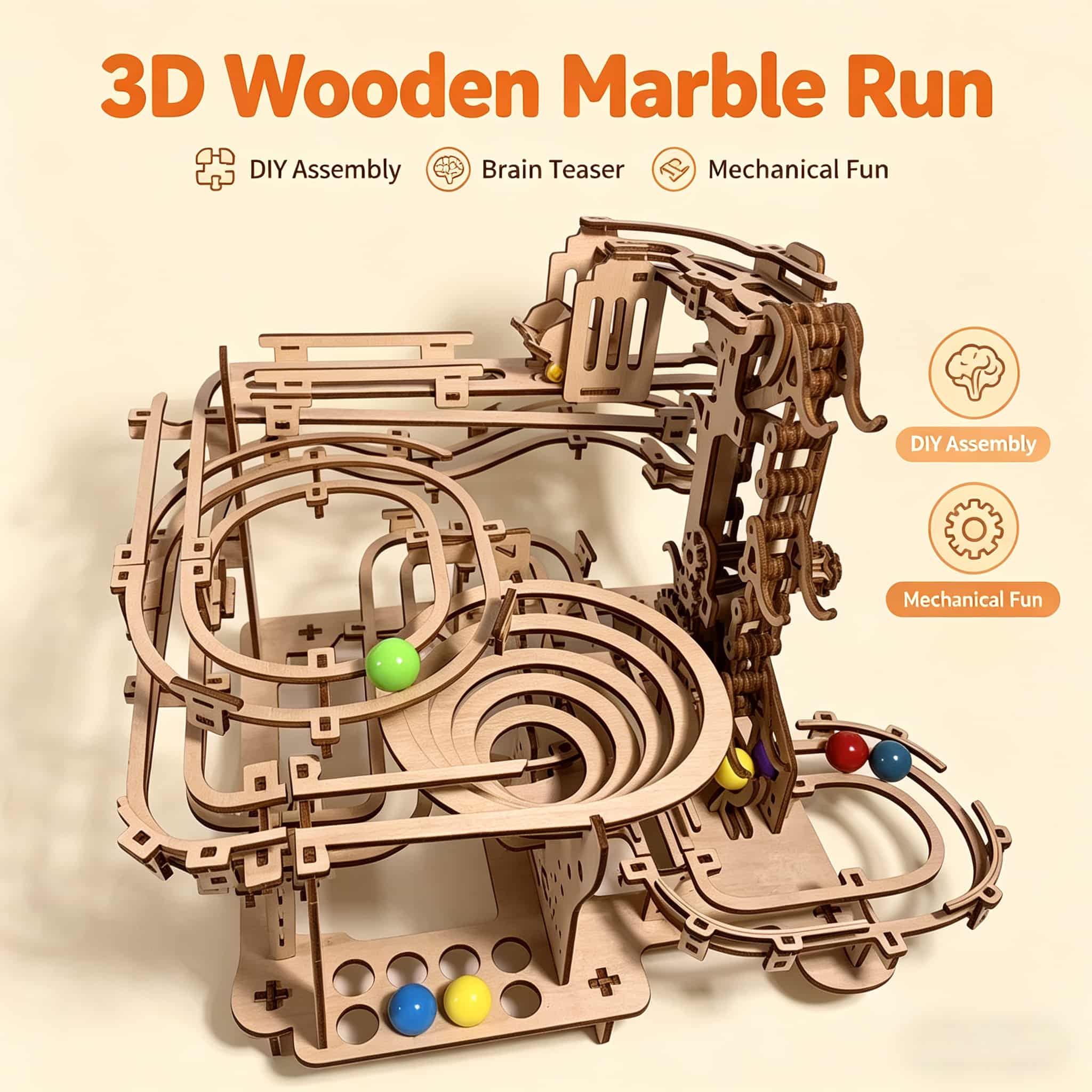 Running Gear Track - メカニカルマーブルラン 3D木製パズルモデルキット | DIY ギア駆動ボールトラック迷路 -