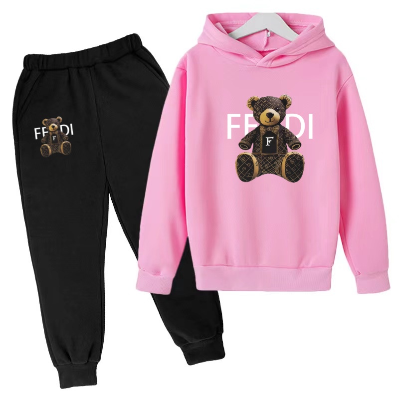 Running Gear Kids - キッズプルオーバー秋服パーカー文字クマコート男の子女の子3-12歳ピンクスウェットシャツ+パンツ2点セットレジャースポーツセット